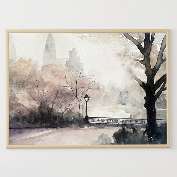 New York Cityscape Watercolor Travel Poster, Central Park