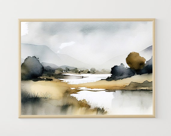 River Landscape Countryside Painting Field Watercolor Panoramic Nature Landscape Large Watercolor