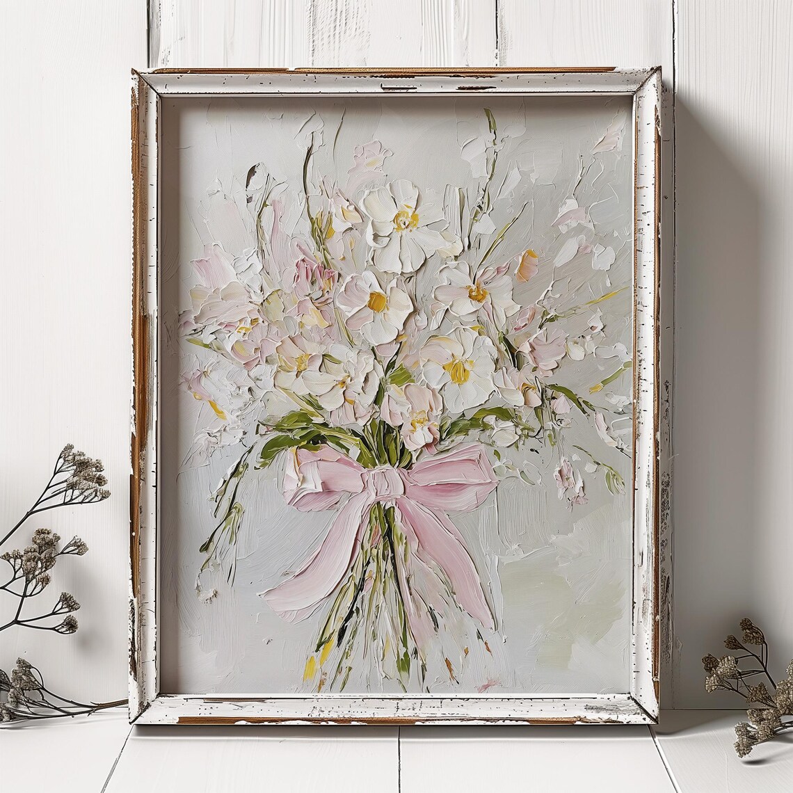 Wildflowers With Pink Bow, Neutral Beige Art Print - Image 3