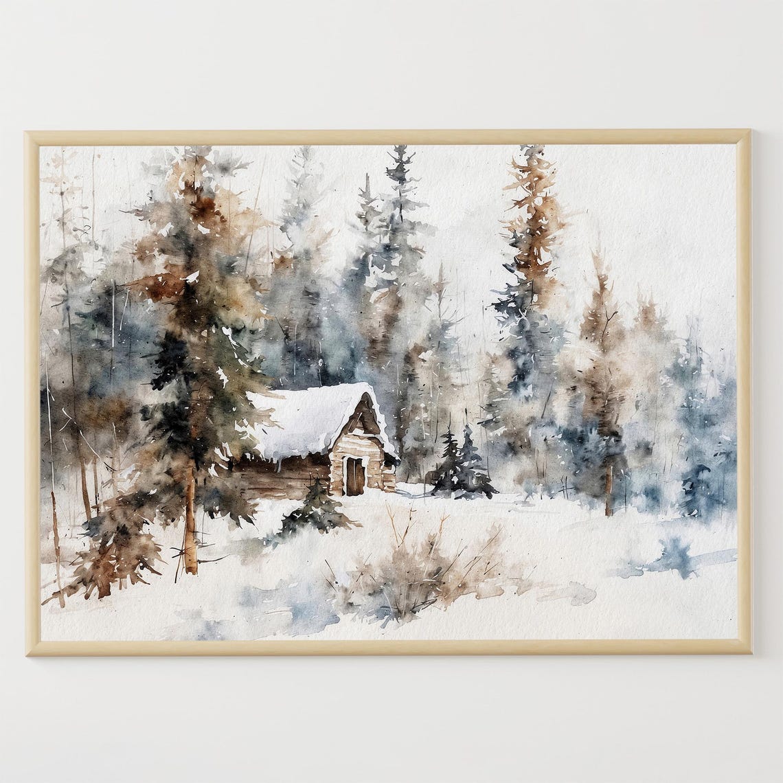 Snowy Log Cabin Winter Forest Hideaway Watercolor Rustic Scene Poster