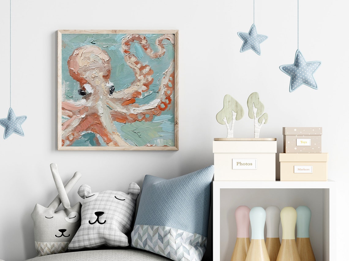 Octopus Impasto Oil Painting Teal Sea Creature Textured Art Print - Image 3