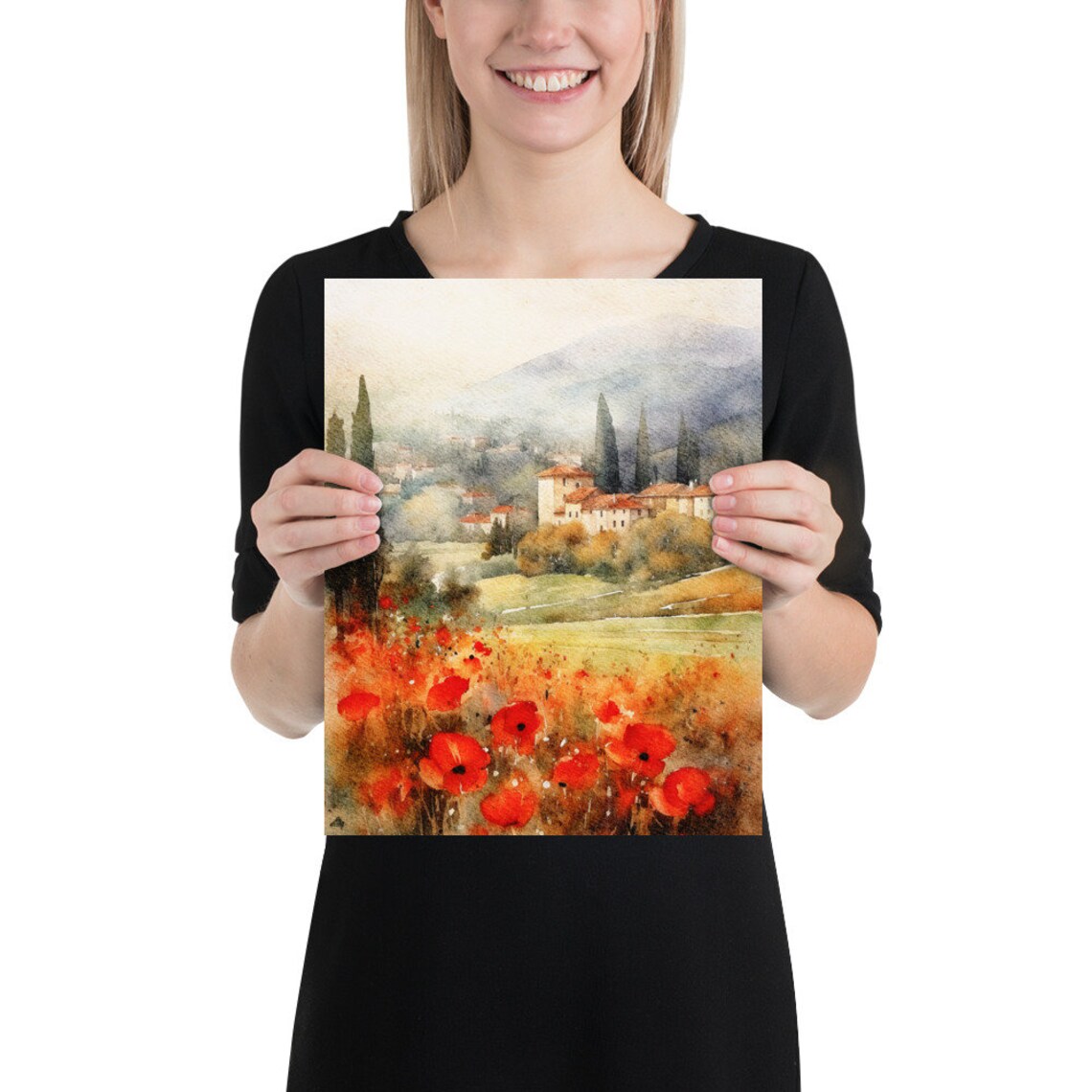 Tuscan Watercolor Poppy Landscape Art Print, Italy - Image 2
