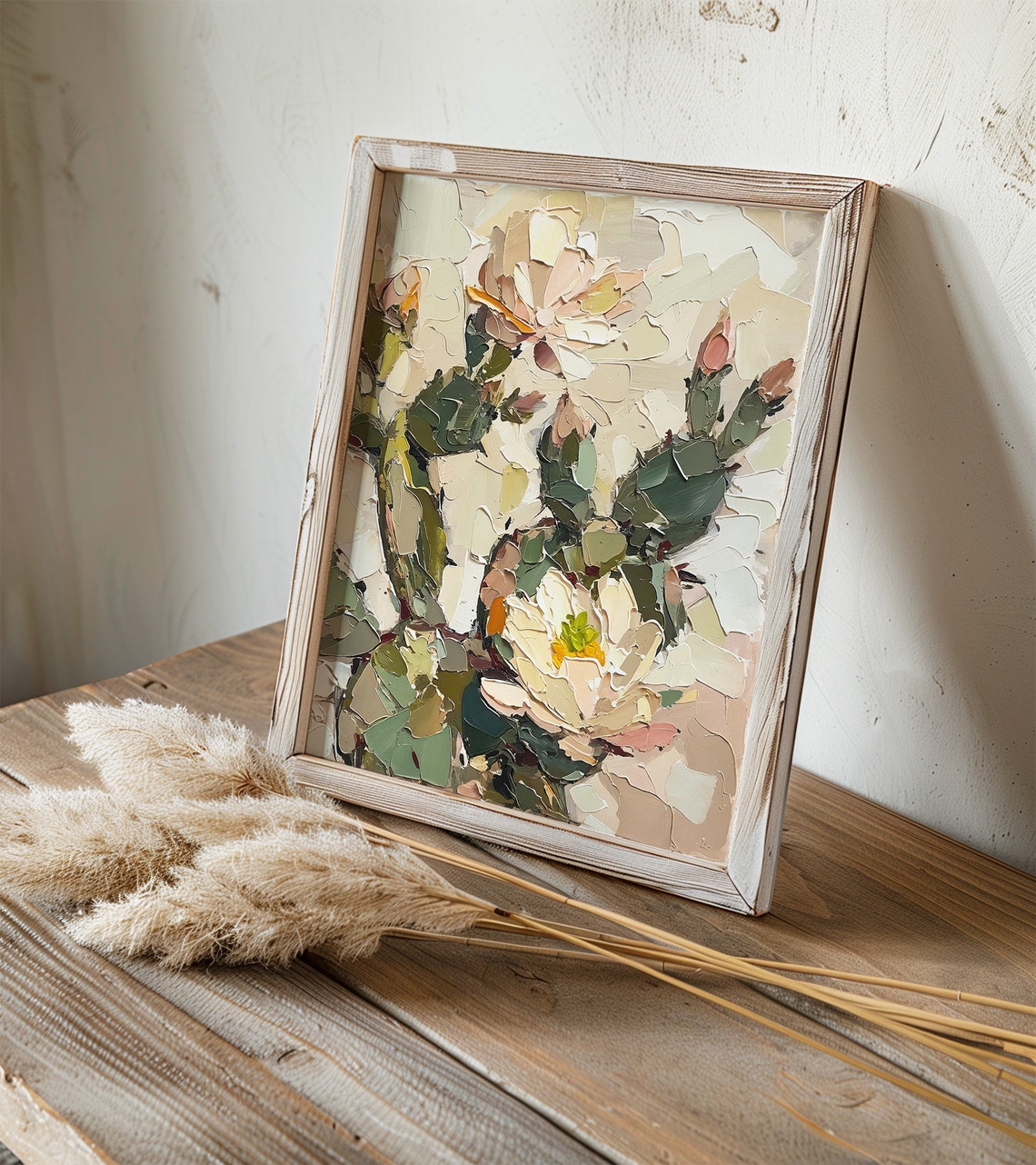 Flowering Prickly Pear Cactus White Blossoms Textured Oil Art Print - Image 3