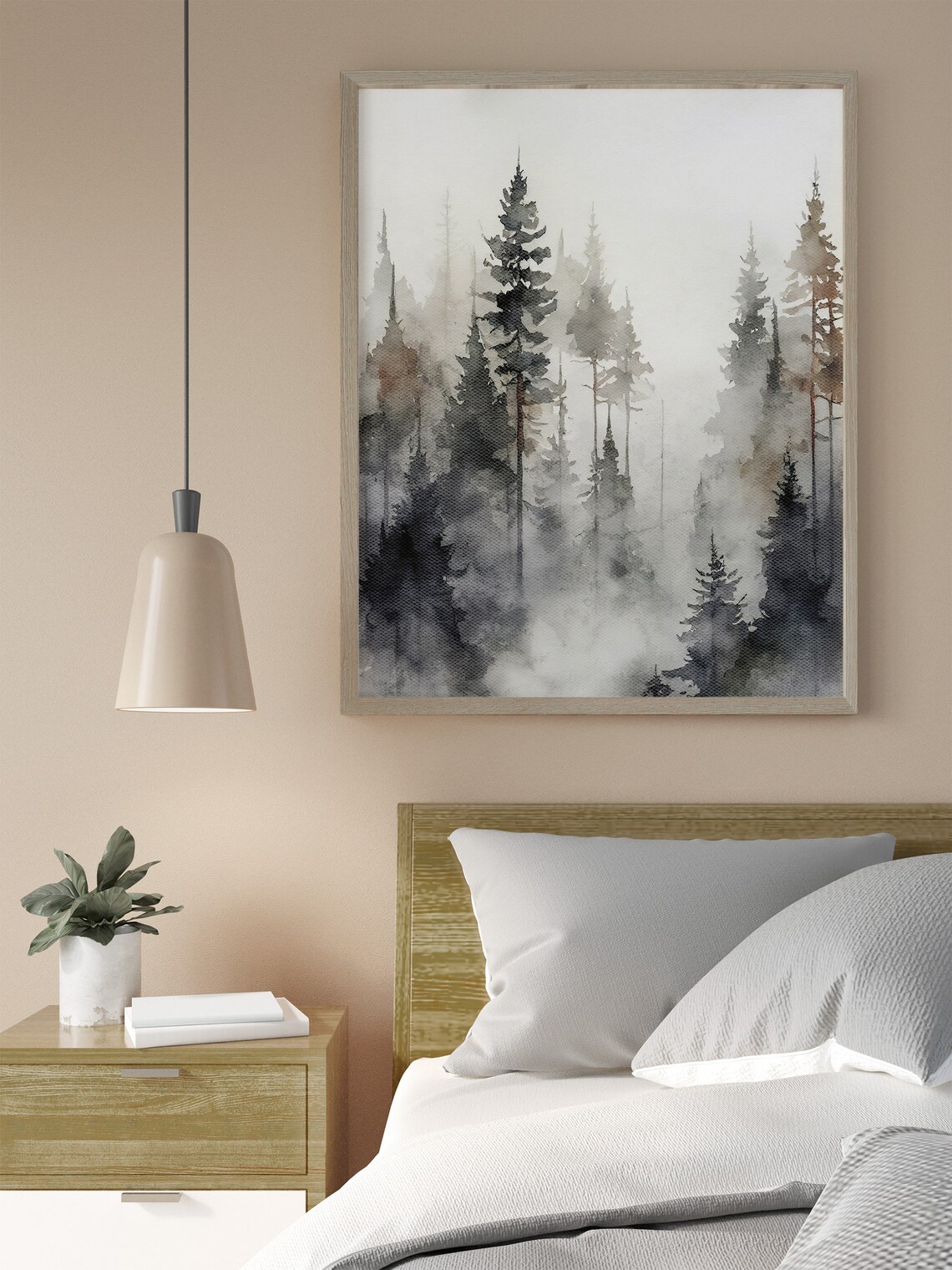 Pine Forest Watercolor Misty Landscape Art Print - Image 2