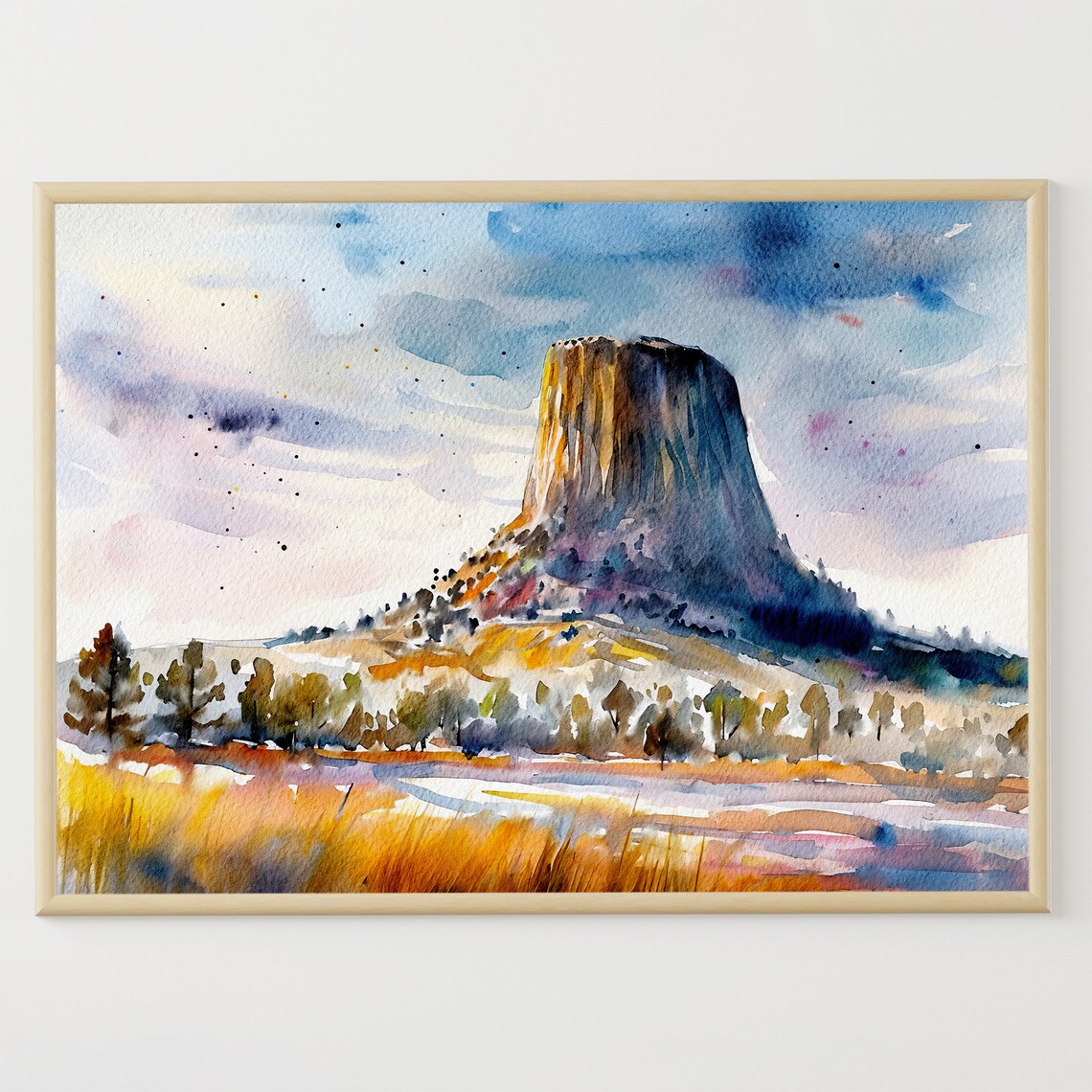Devils Tower Watercolor Travel Poster, Wyoming Monument