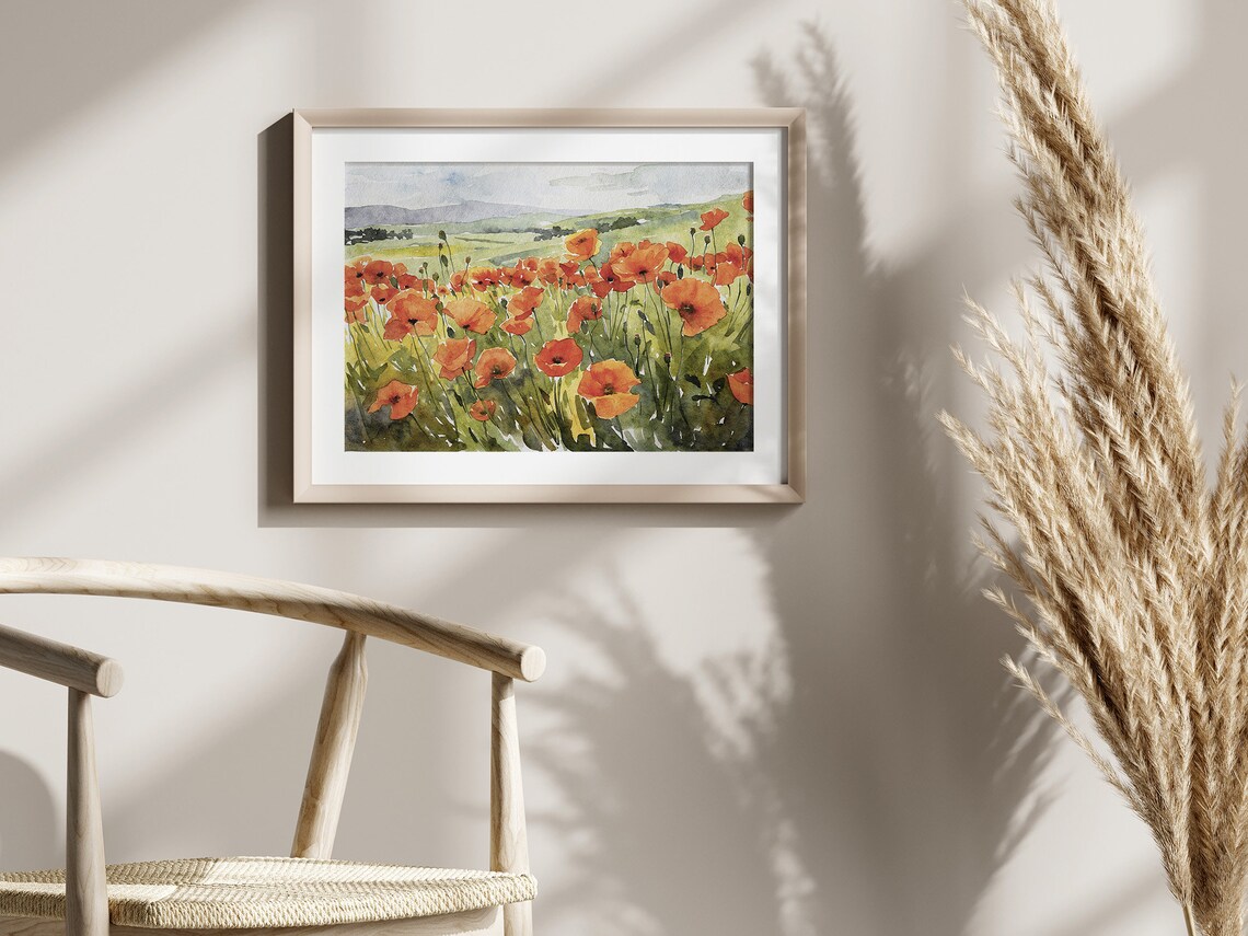 Poppy Field Watercolor Print, Red Poppies Landscape - Image 2