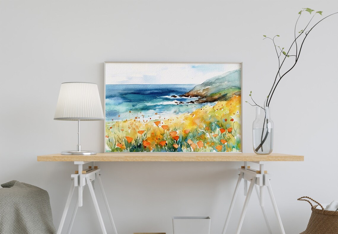 Big Sur California Poppy Landscape, Watercolor Art Print - Image 3