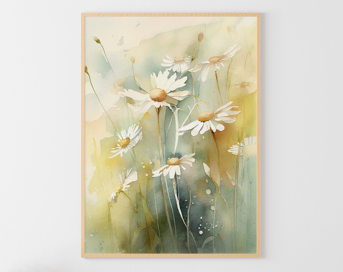 Daisy Watercolor Meadow Art Print, Wildflowers