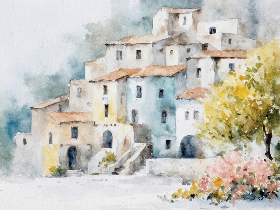 Italian Hillside Village Watercolor Terracotta Roofs Art Print