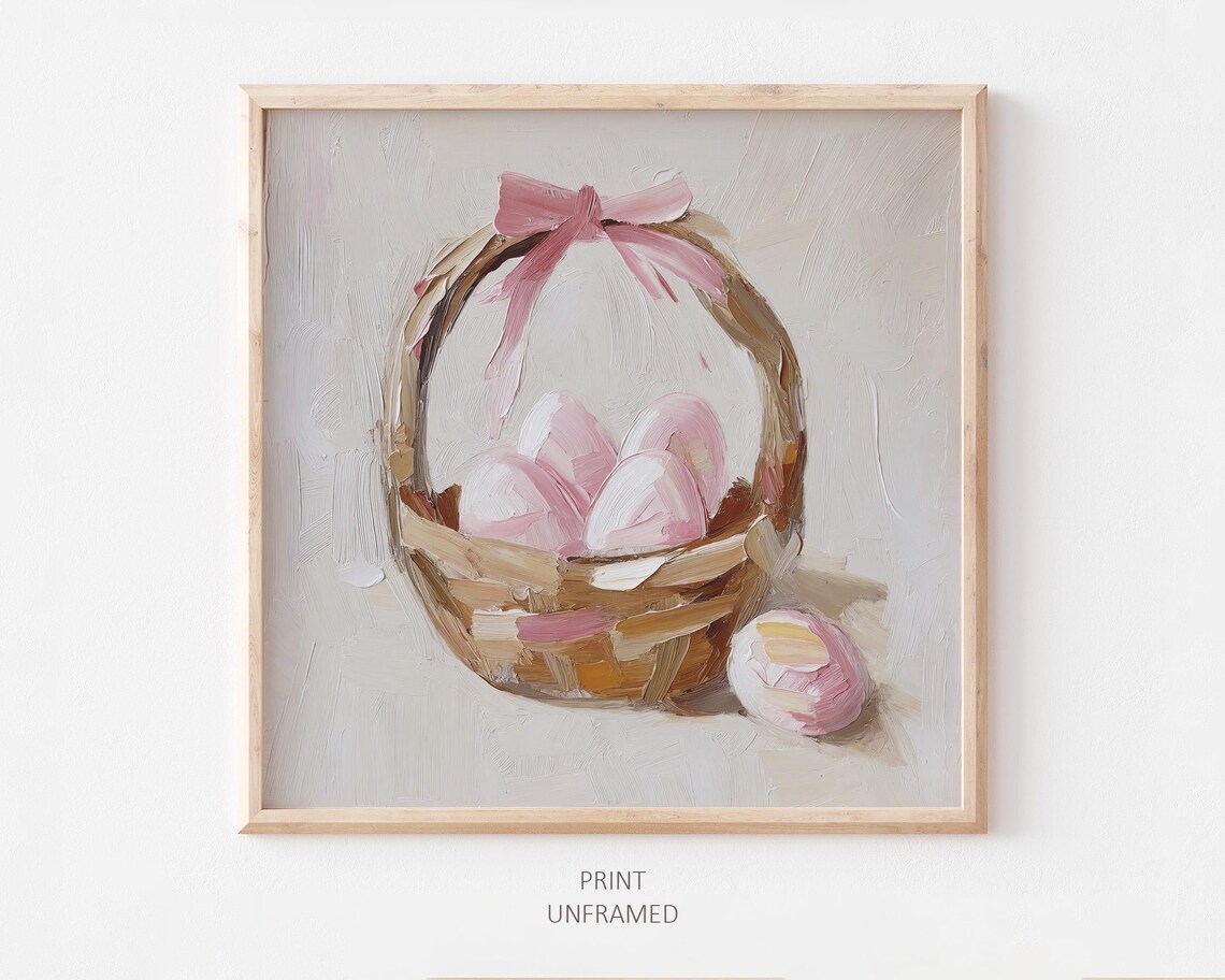Easter Basket Pink Eggs Bow Impasto Oil Painting Spring Wall Art Print