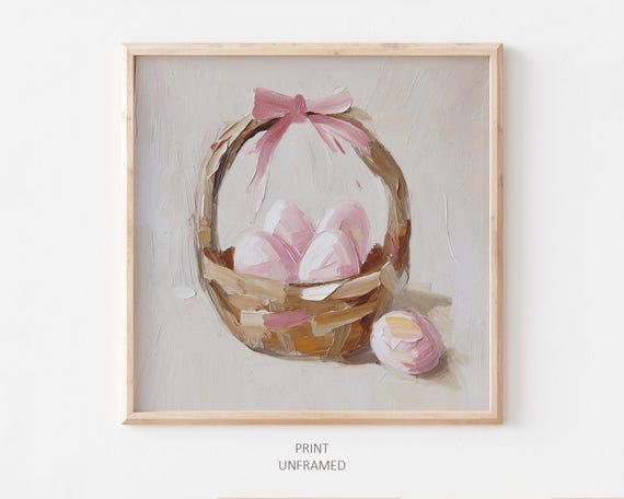 Easter Basket Oil Print Easter Egg Painting Neutral Apartment Wall Art Coquette Bow Print From An Original Oil Painting