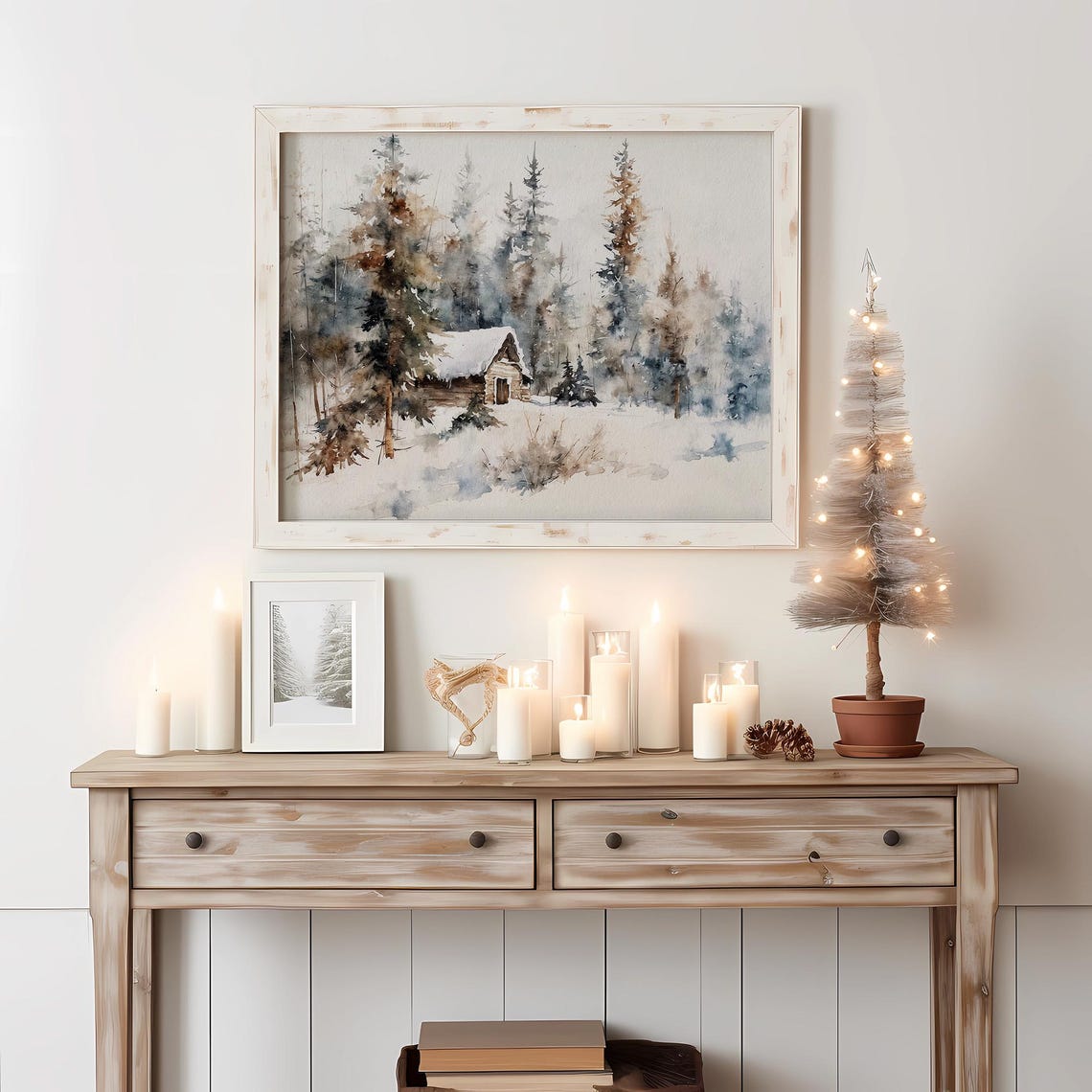 Snowy Log Cabin Winter Forest Hideaway Watercolor Rustic Scene Poster - Image 2
