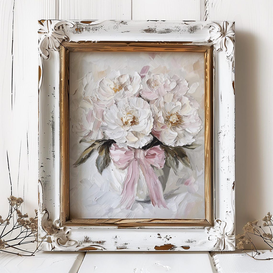 Peony Oil Print Pink Bow Wall Art Flowers Bouquet Painting Neutral Pink Beige Floral Print From An Original Oil Painting - Image 5