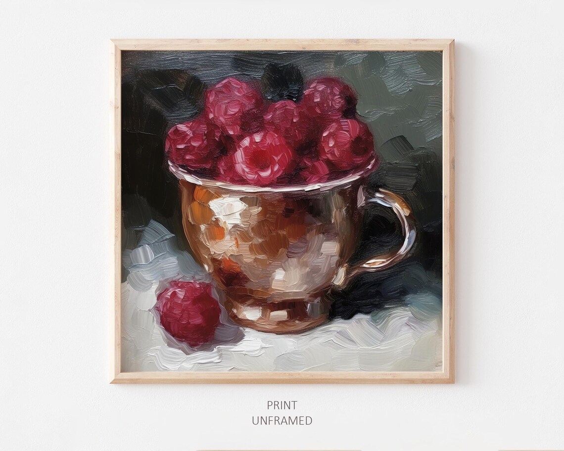 Raspberry Still Life Oil Painting Art Print, Kitchen
