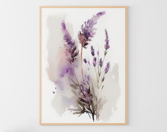 Lavender Watercolor Wildflowers, Neutral Floral Art Print