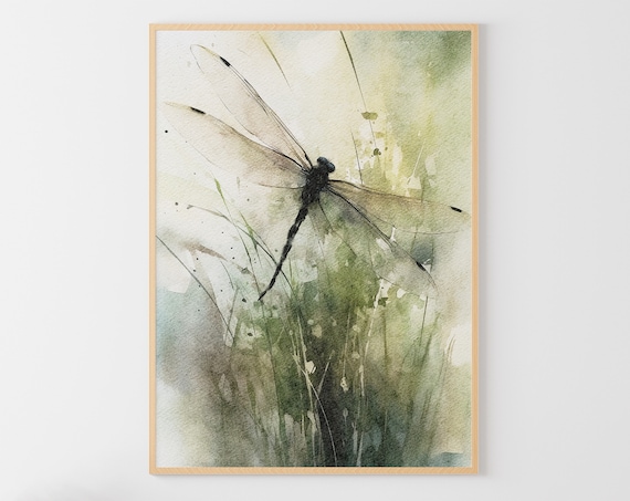 Dragonfly Botanical Watercolor Art Print, Neutral