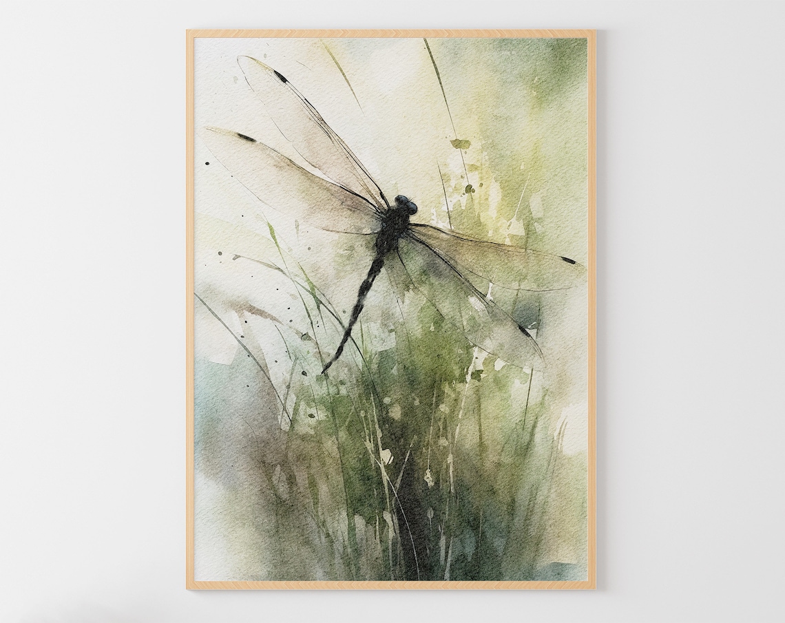 Dragonfly Botanical Watercolor Art Print, Neutral