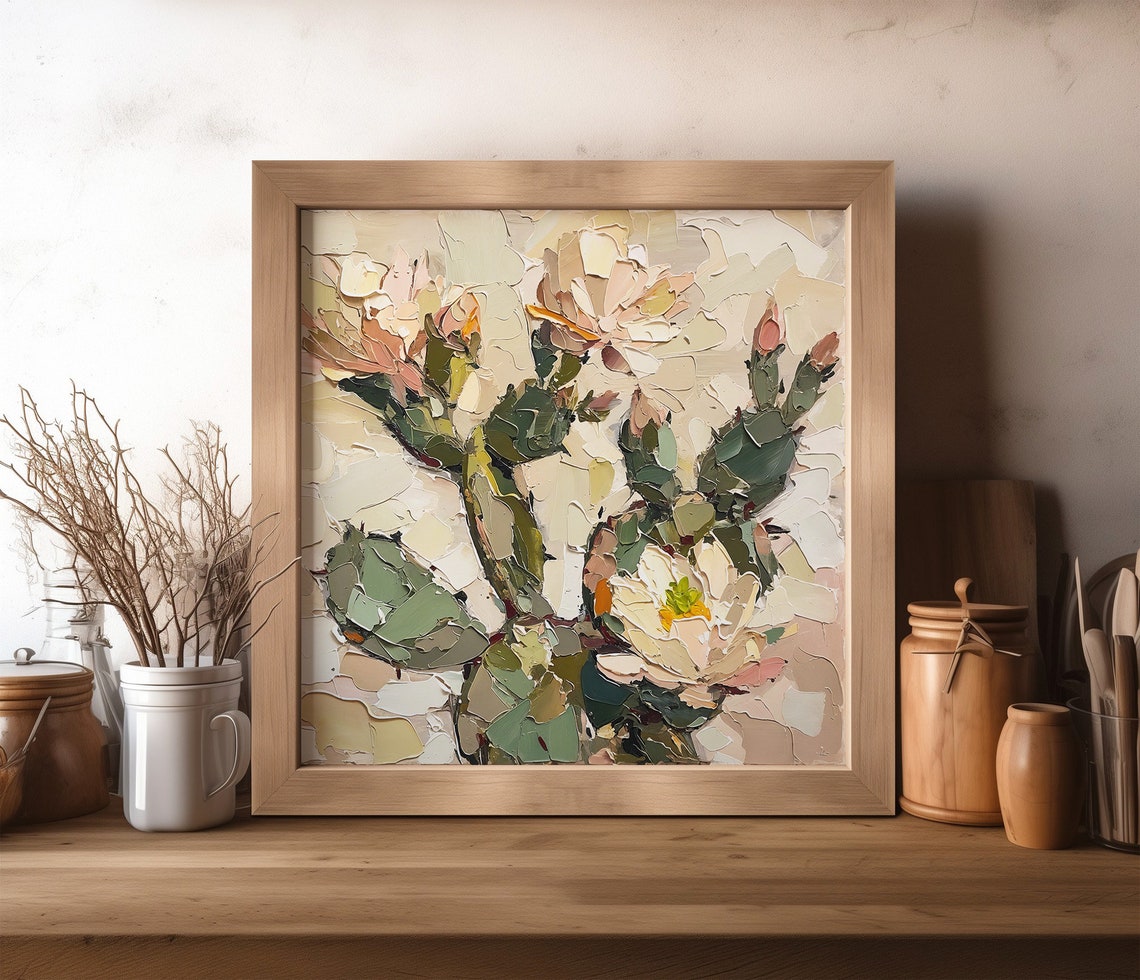 Flowering Prickly Pear Cactus White Blossoms Textured Oil Art Print - Image 2