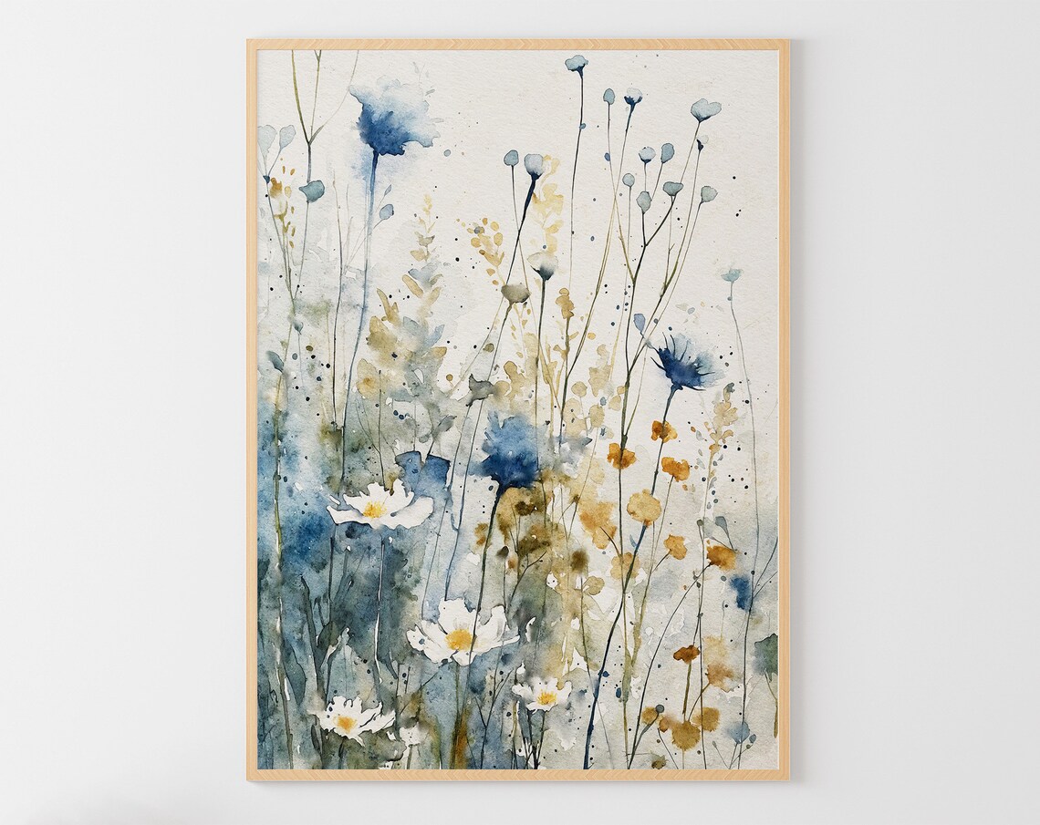Wildflowers Watercolor Meadow Art Print, Neutral Floral