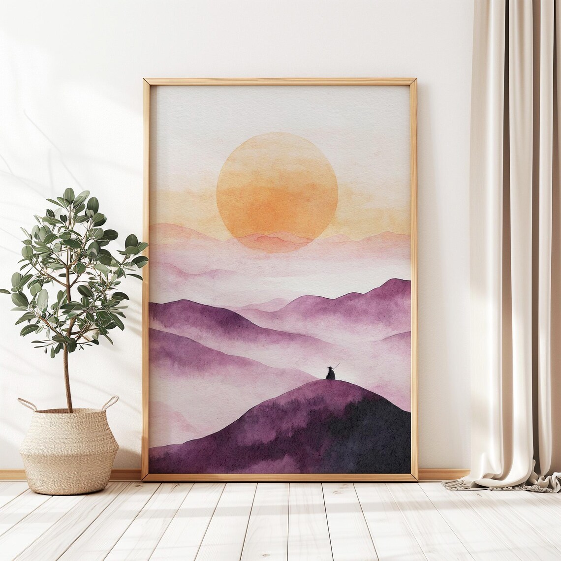 Minimalist Purple Mountains Orange Sun Zen Meditation Watercolor Poster - Image 5
