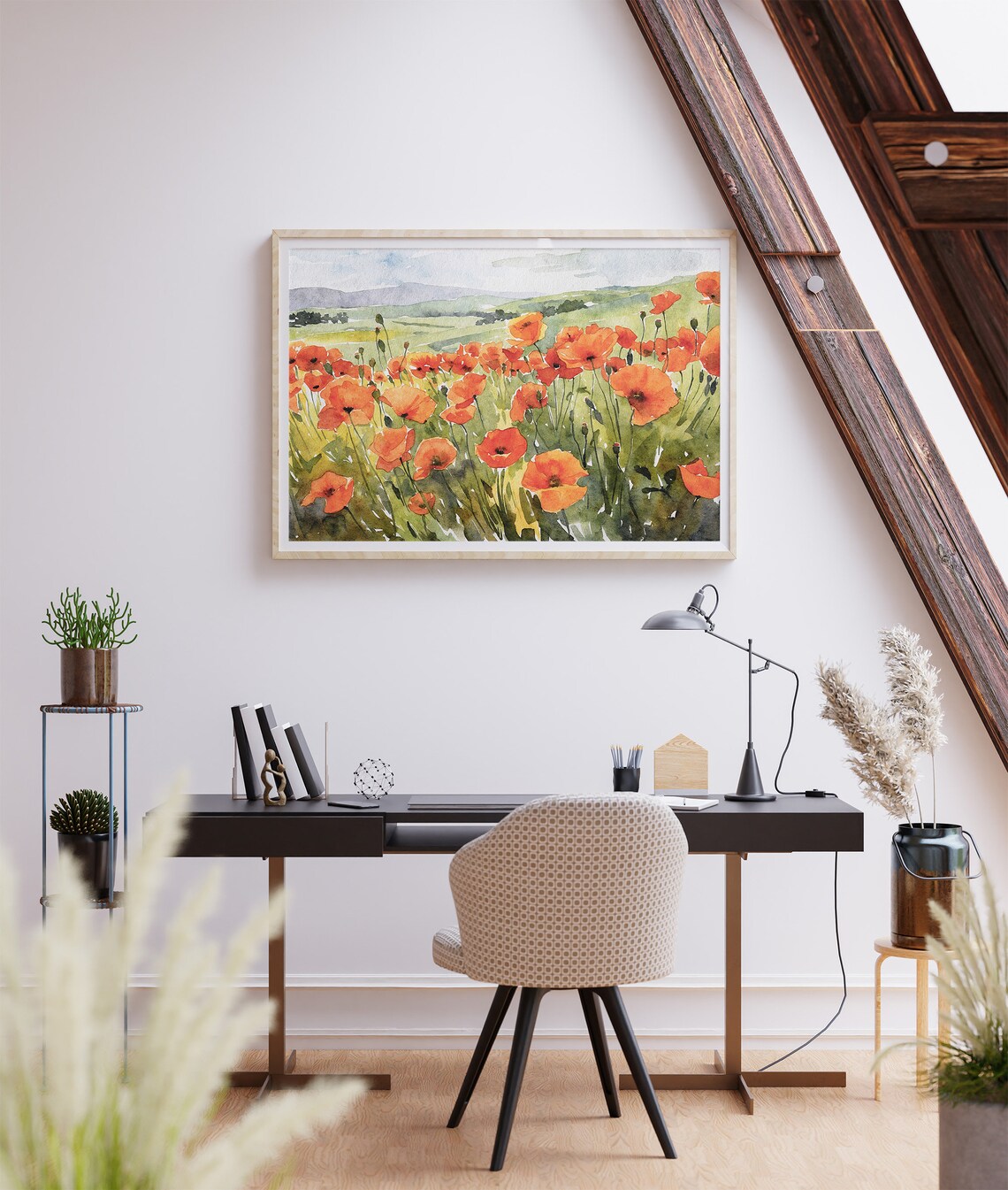 Poppy Field Watercolor Print, Red Poppies Landscape - Image 3