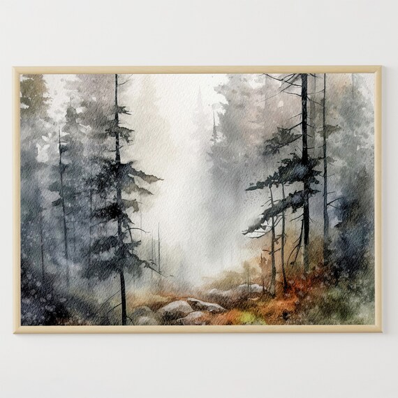 Oregon Forest Painting Foggy Pines Watercolor Misty Landscape Oregon Poster