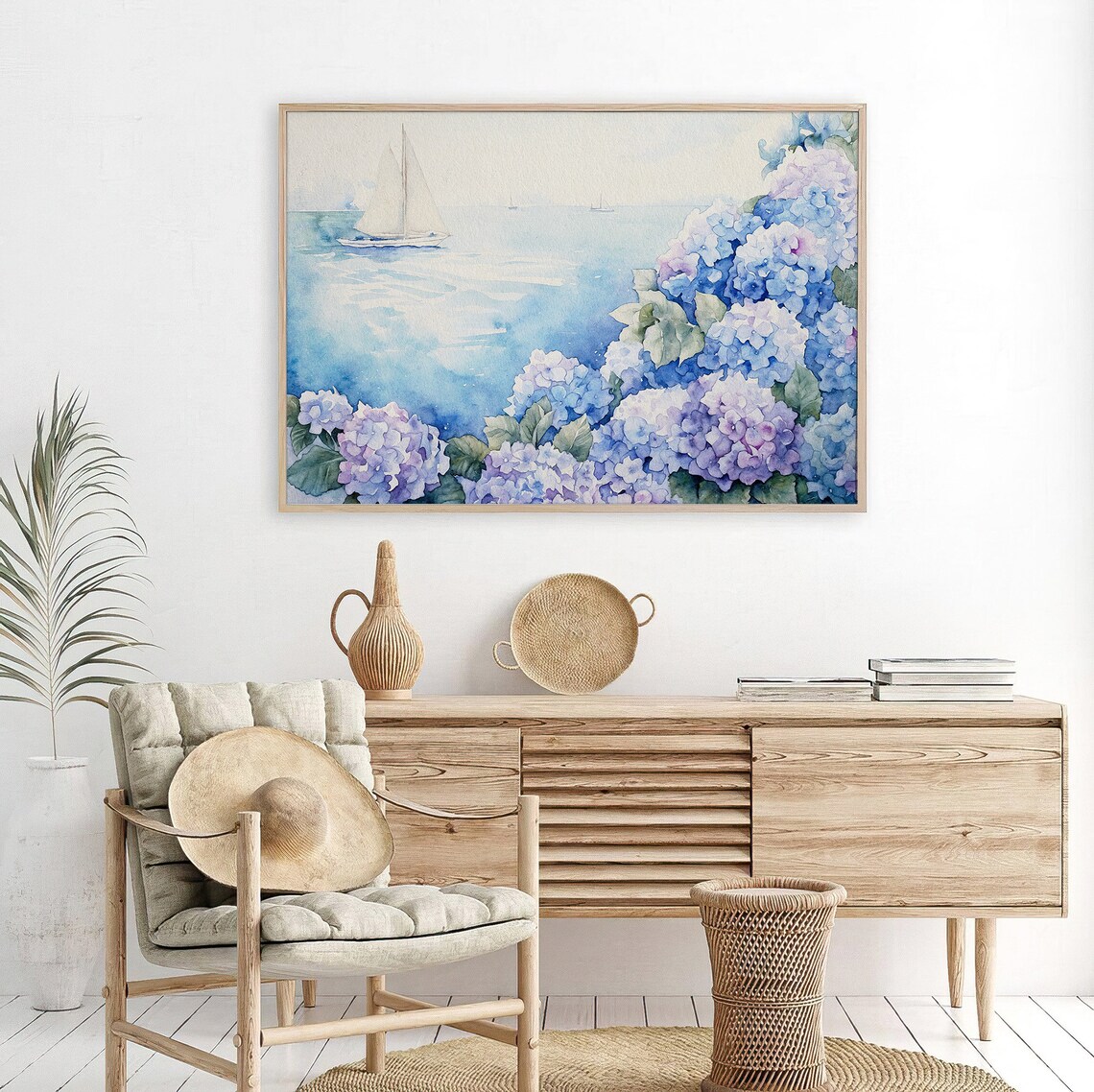 Cape Cod Sailboat Blue Hydrangeas Nautical Beach House Watercolor Poster - Image 4