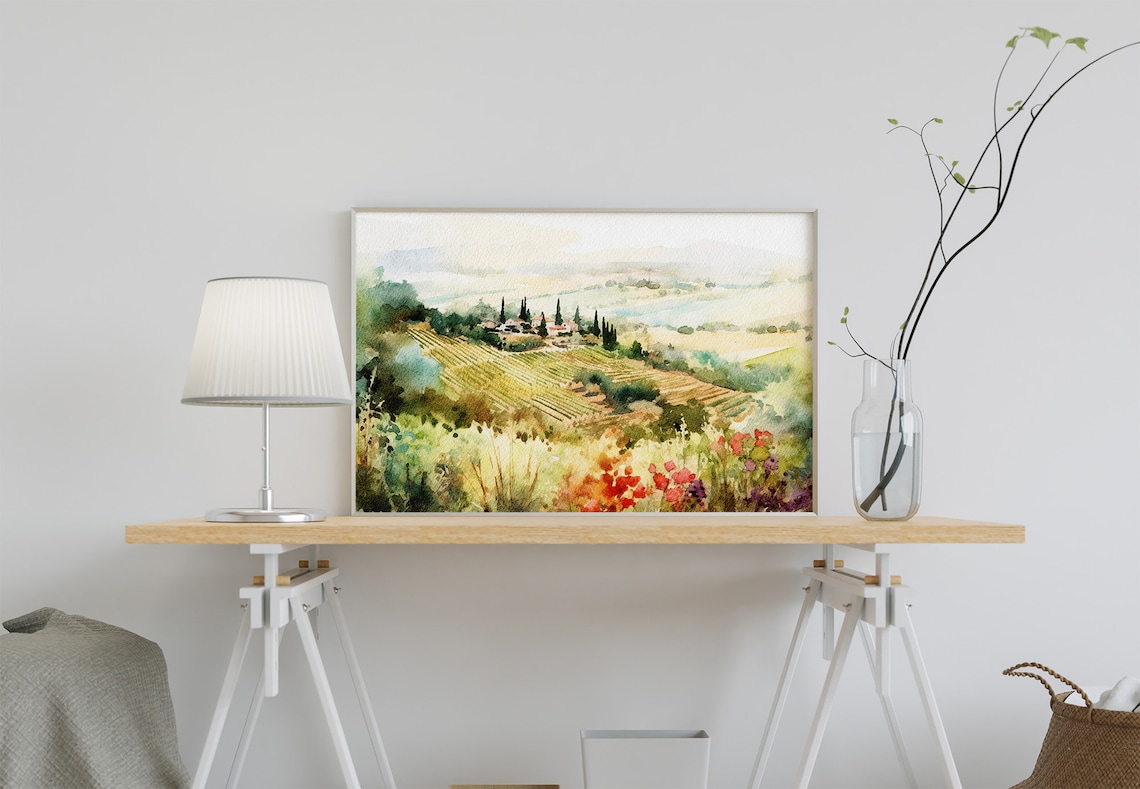 Tuscany Vineyards Watercolor Landscape Art Print - Image 5