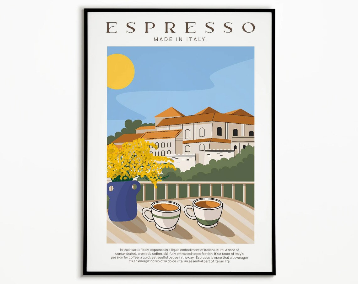 Espresso Made in Italy Villa Terrace Travel Illustration Poster