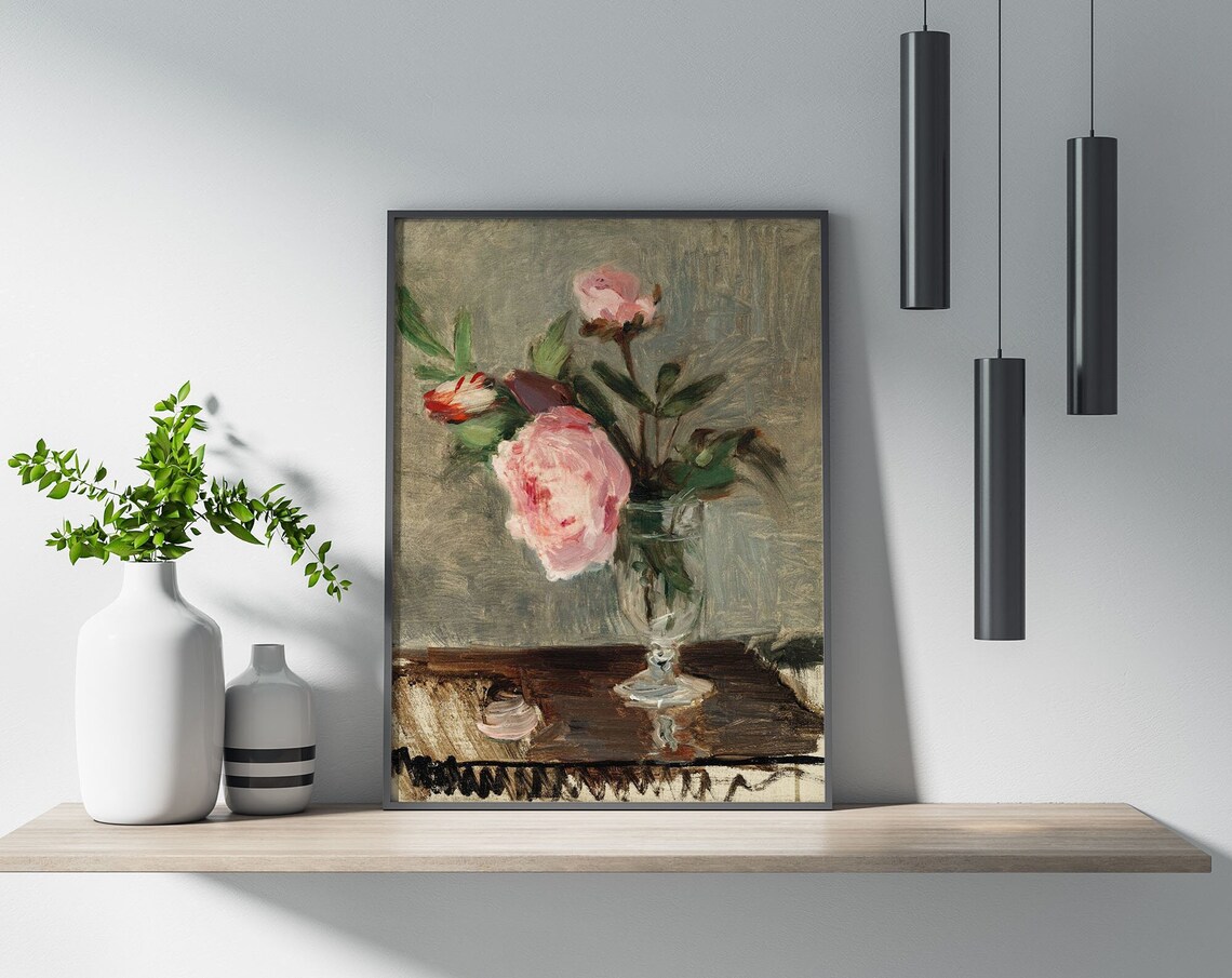 Pink Peonies in Glass Vase by Berthe Morisot Floral Art Poster