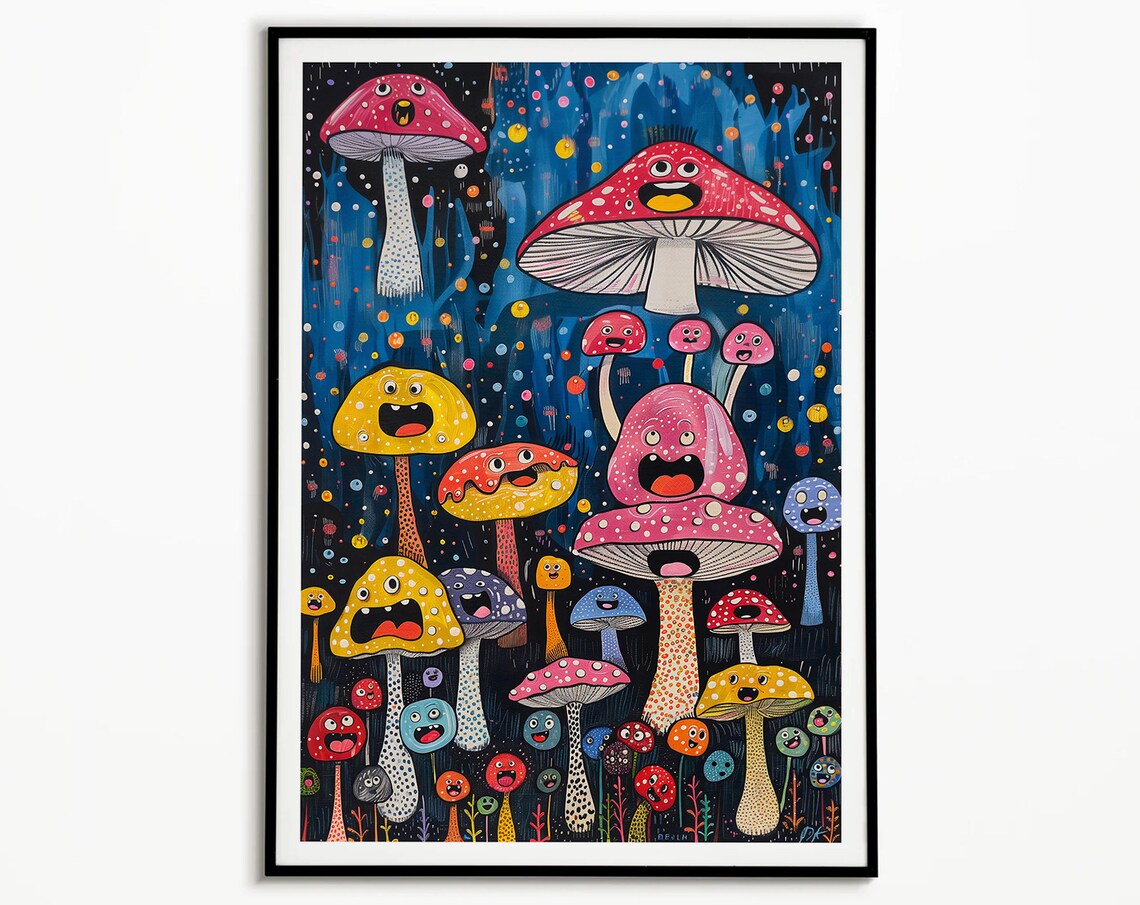 Whimsical Smiling Mushroom Poster Colorful Night Forest Kids Room Wall Decor