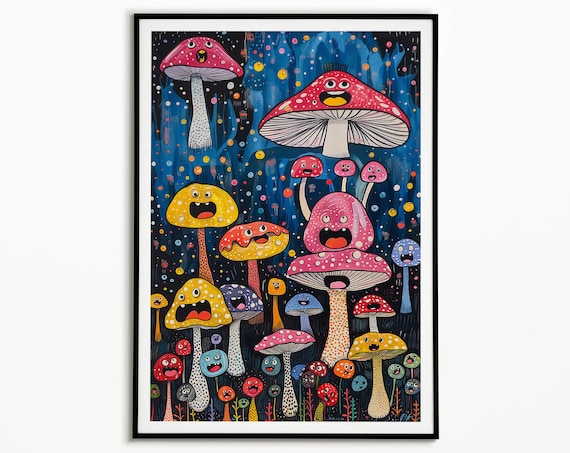 Whimsical Smiling Mushroom Poster Colorful Night Forest Kids Room Wall Decor
