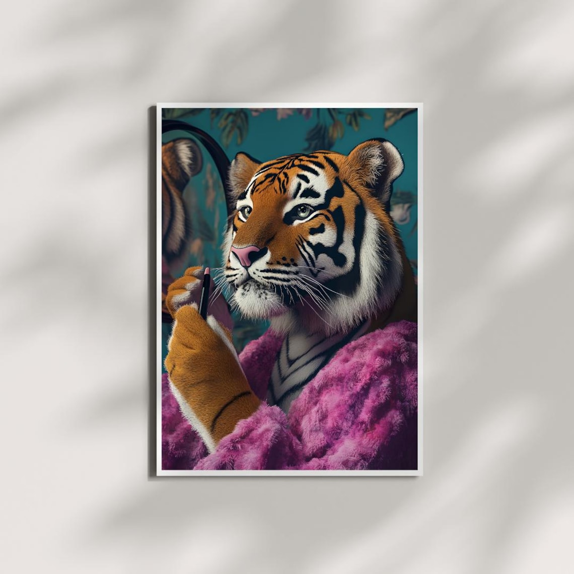 Glam Tiger in Pink Robe Applying Lipstick Maximalist Fun Art Poster