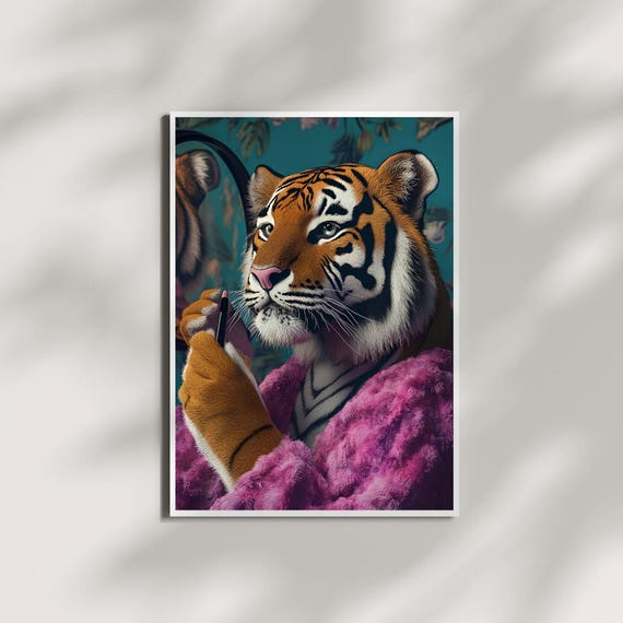 Glam Tiger In Pink Robe Art Print Funny Salon Decor