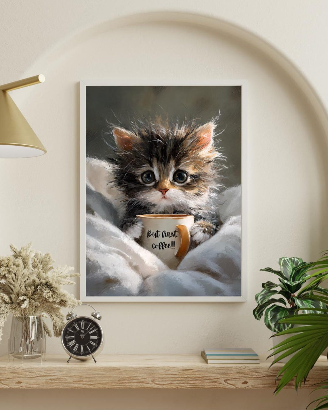 But First Coffee Cute Kitten Oil Painting Funny Cat Wall Poster