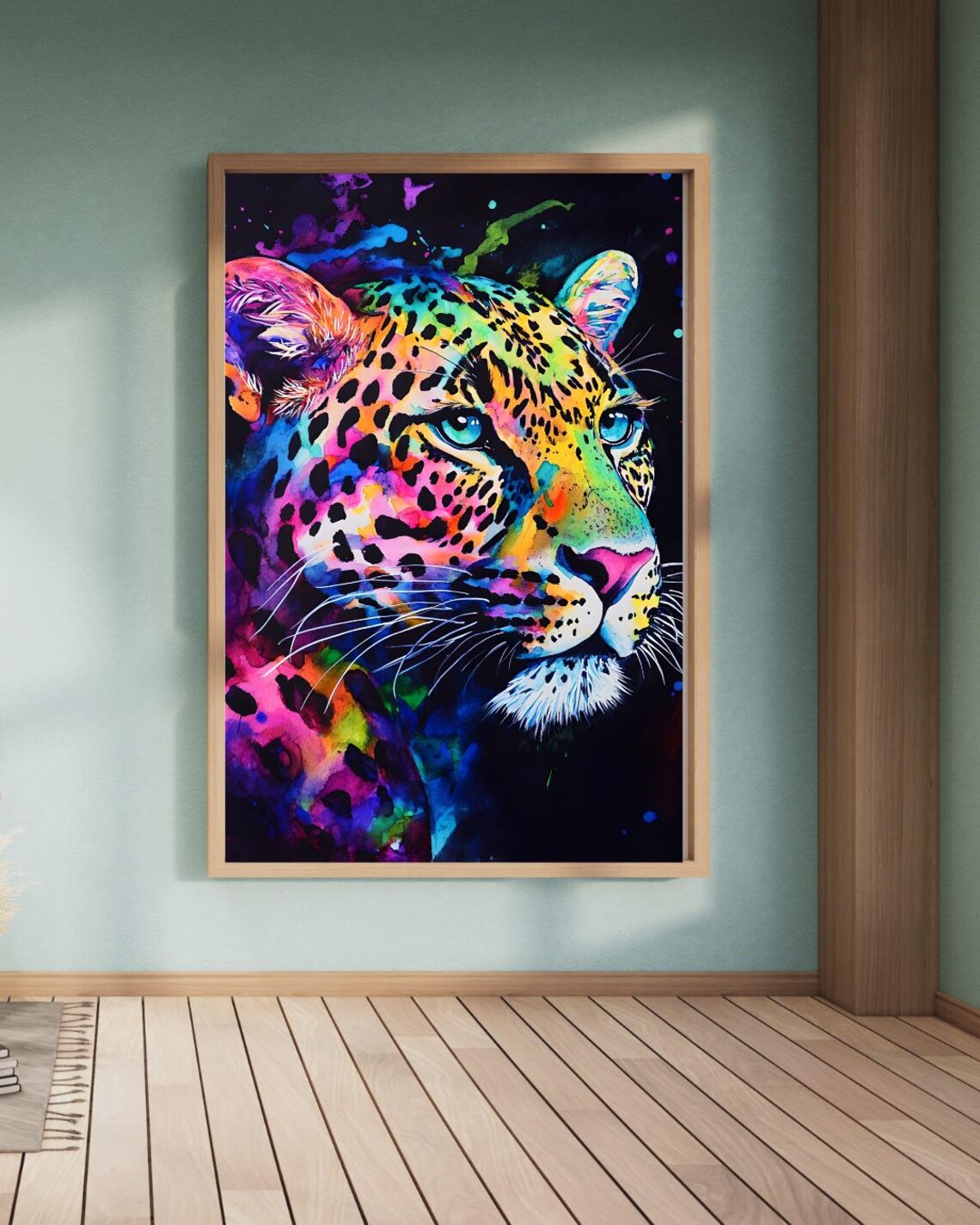 Vibrant Neon Rainbow Leopard Watercolor Wildlife Jungle Cat Poster
