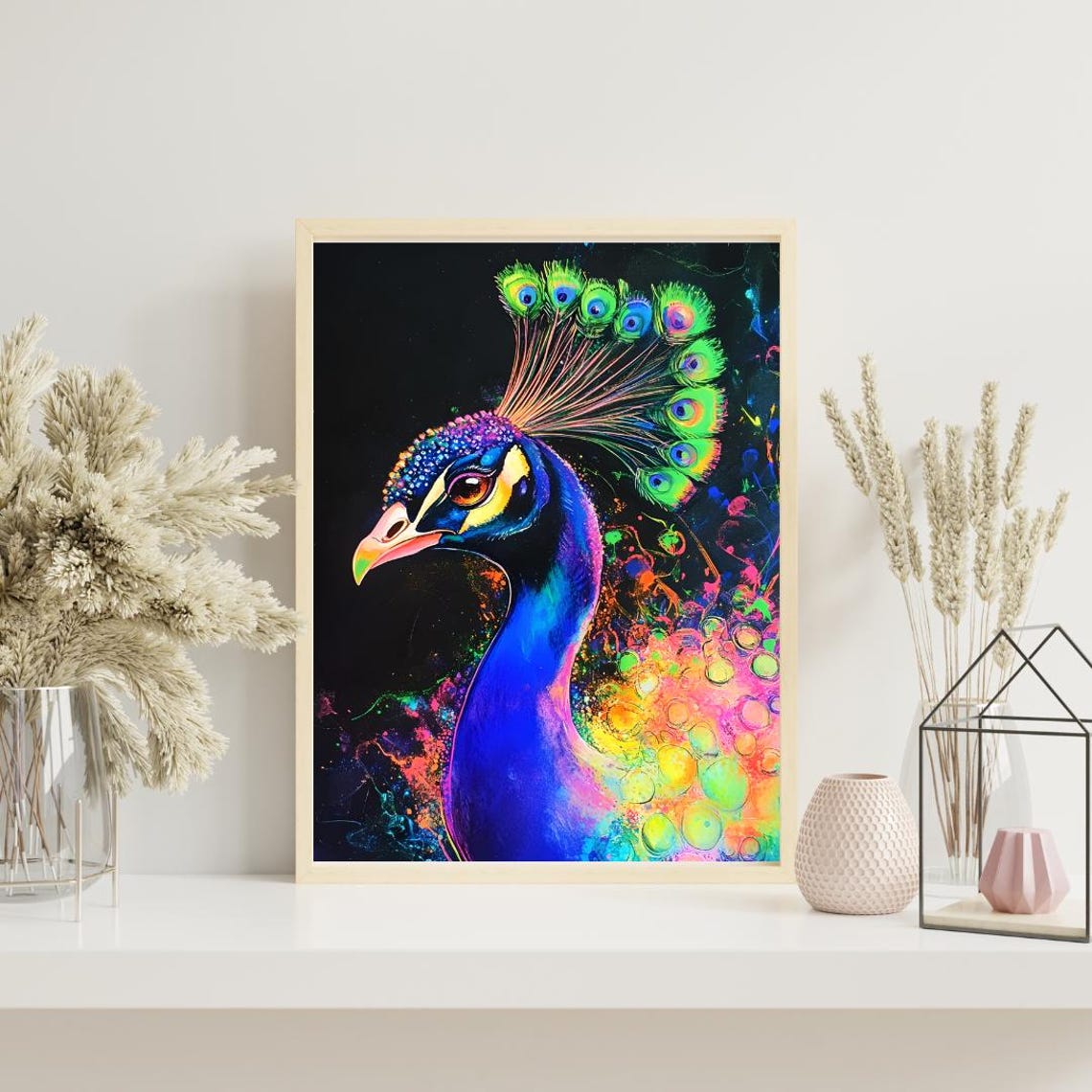 Stunning Colorful Neon Peacock Rainbow Splash Watercolor Bird Poster