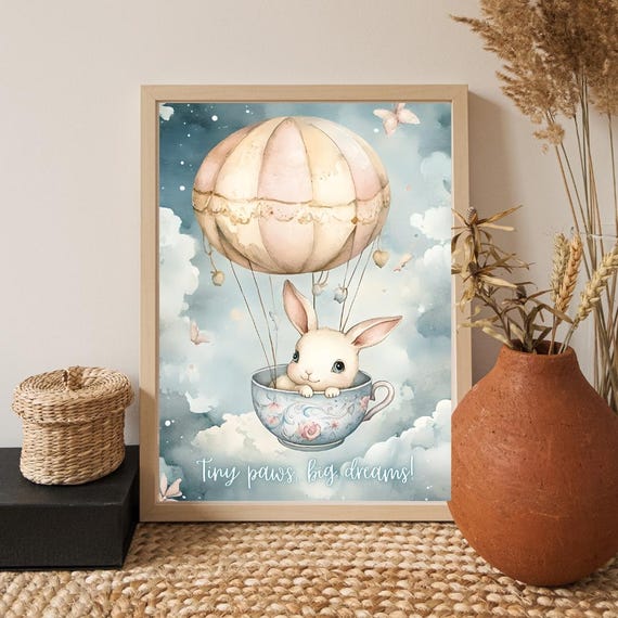 Bunny Teacup Hot Air Balloon Print Pastel Nursery Wall Art