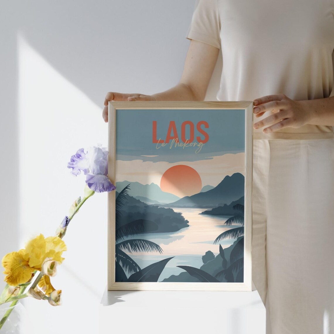 Laos Mekong River Sunset Mountains Palm Silhouette Travel Poster - Image 2