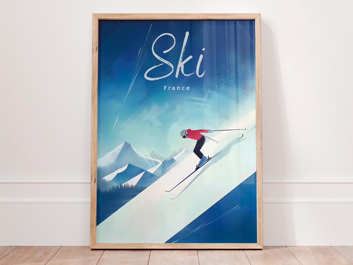 Ski France Minimalist Downhill Racer on Deep Blue Slope Poster