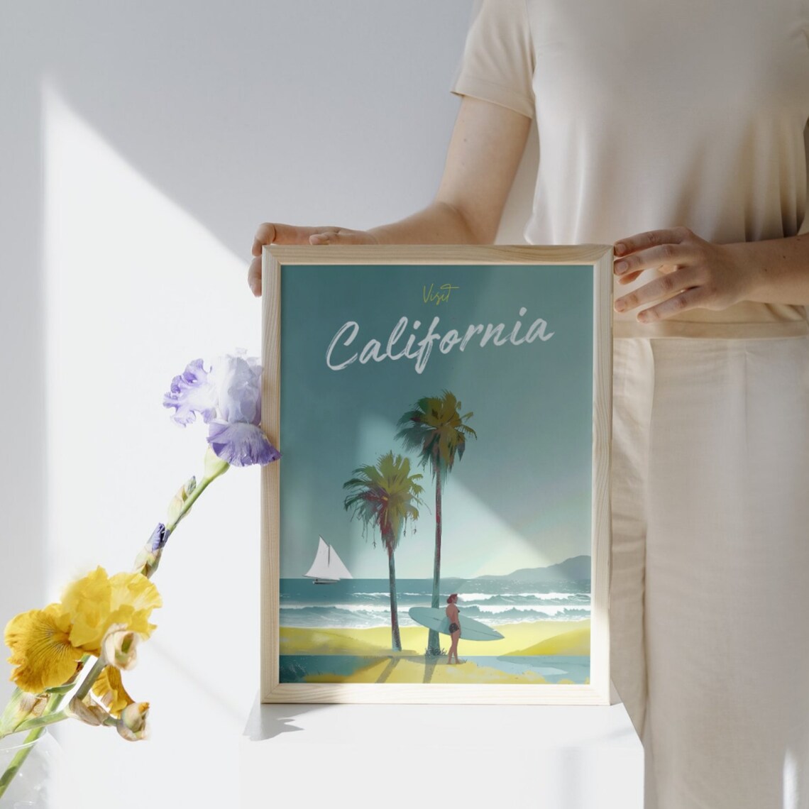 Visit California Vintage Surf Beach Palms Sailboat Travel Poster - Image 3