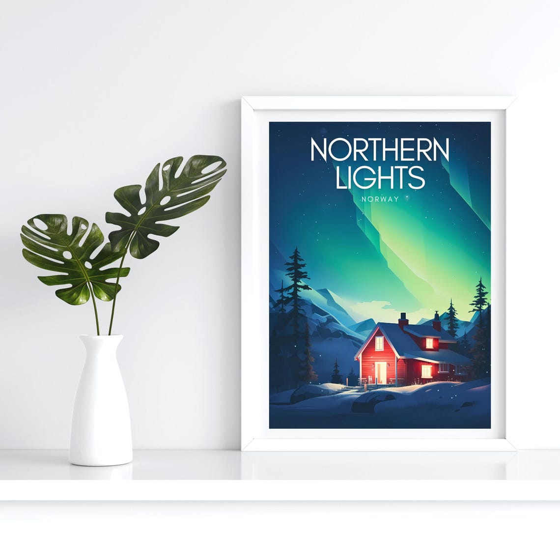 Northern Lights Norway Aurora Borealis Cabin Night Sky Poster - Image 4