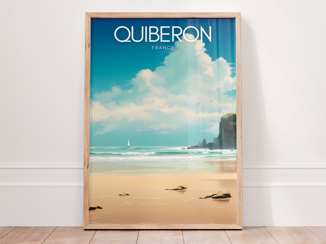 Quiberon France Brittany Cliffs Sailboat Golden Beach Travel Poster