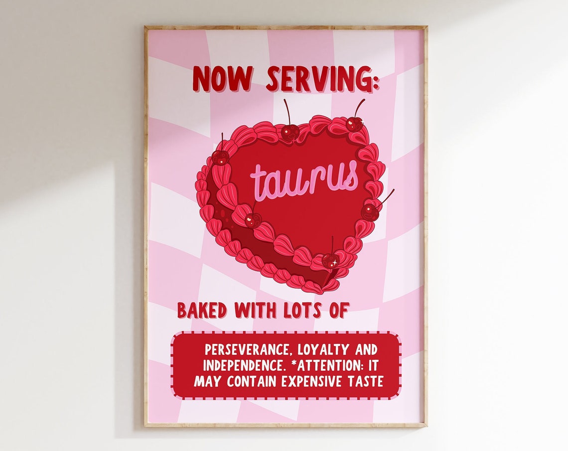 Now Serving Taurus Cake Red Cherry Heart Pink Checkerboard Print - Image 6