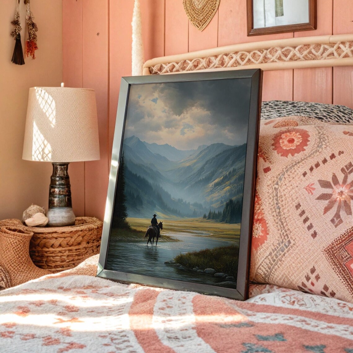 Lone Cowboy Crossing A River In A Misty Mountain Valley Print