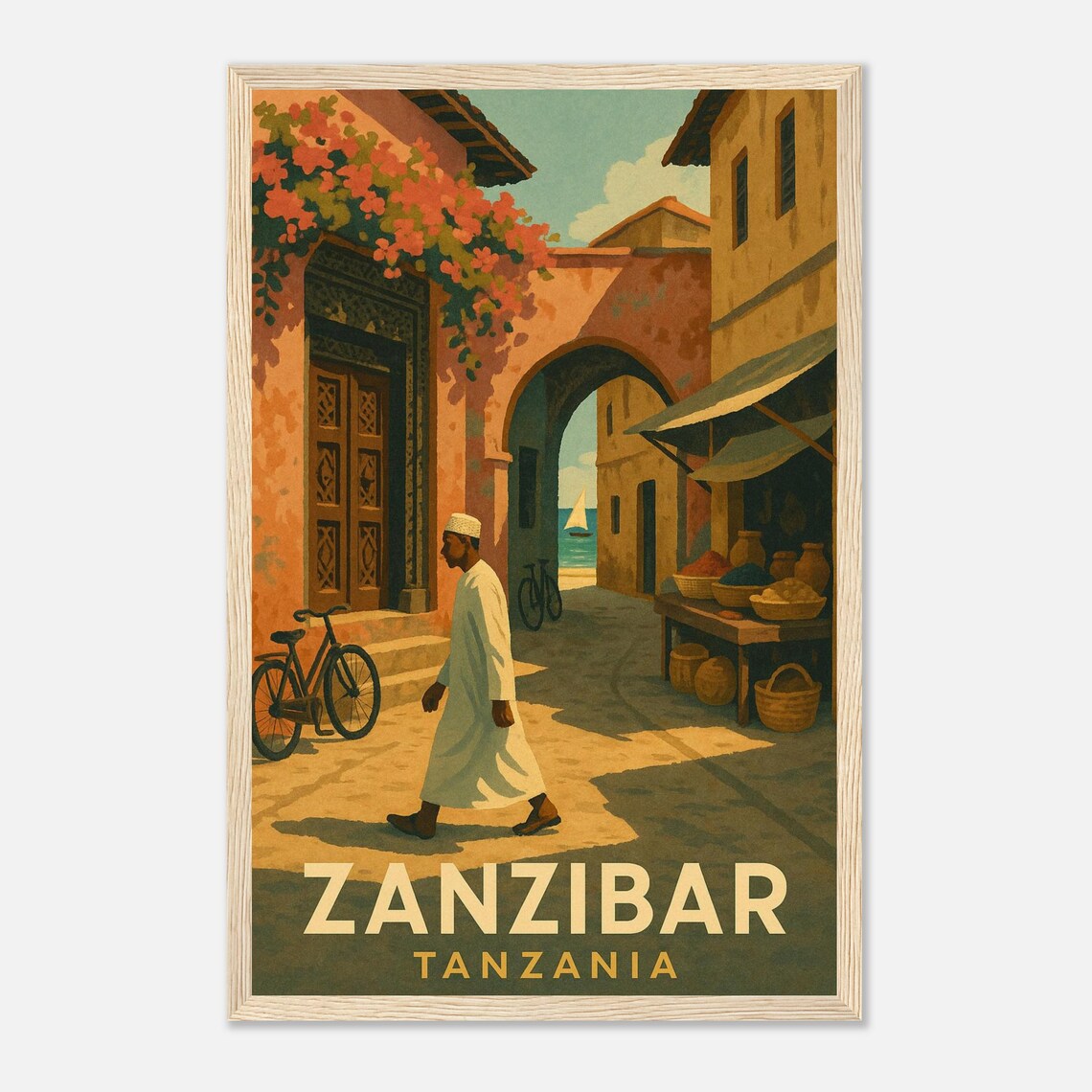 Zanzibar Stone Town Alley Spice Market Vintage Travel Poster