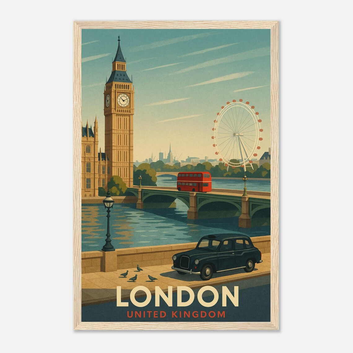 London United Kingdom Big Ben London Eye Vintage Travel Poster