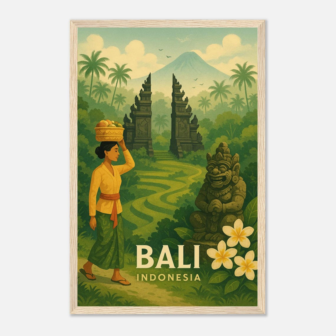 Bali Temple Gate Rice Terraces Offering Woman Lush Travel Poster