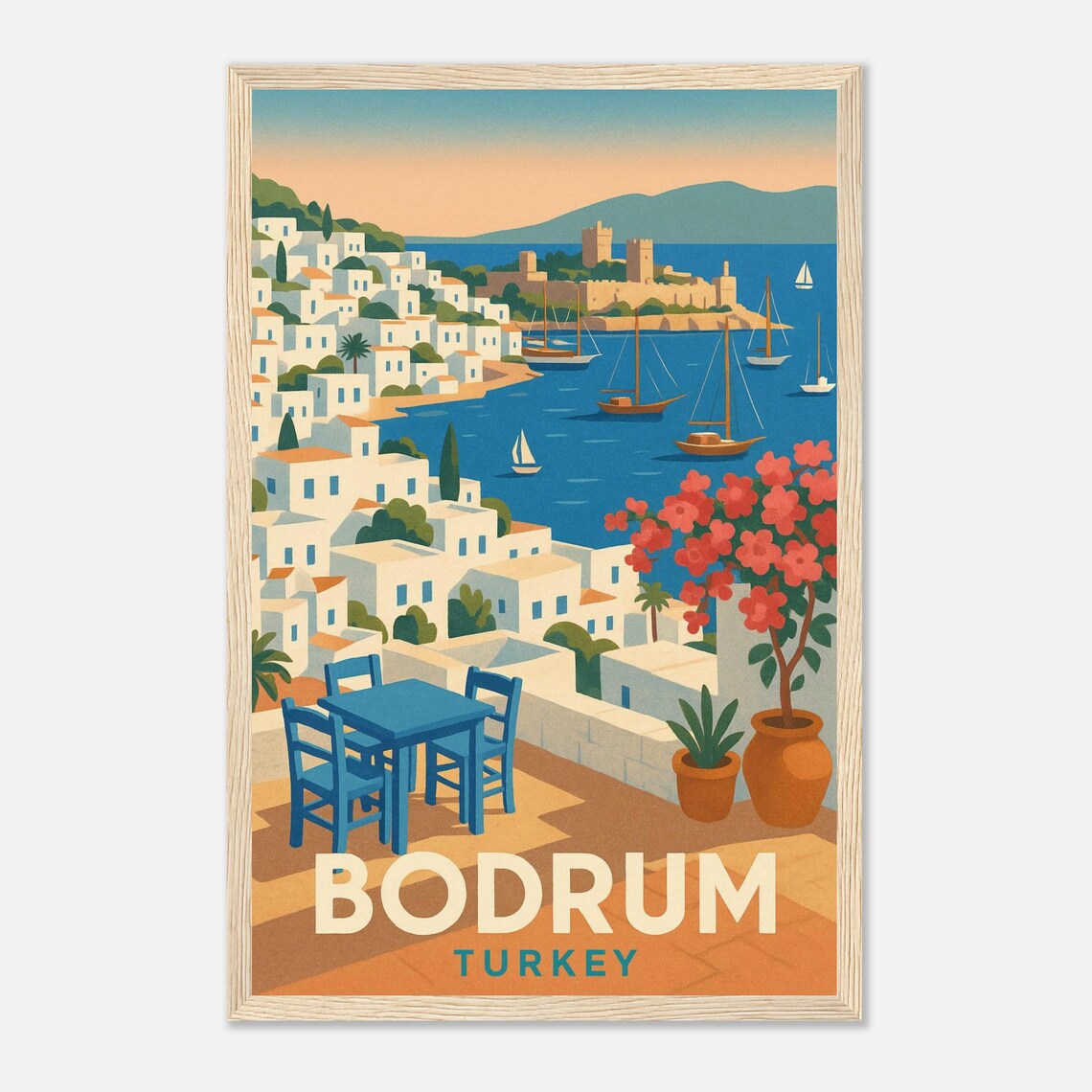 Bodrum Turkey Terrace Harbor Sailboats Vintage Travel Poster