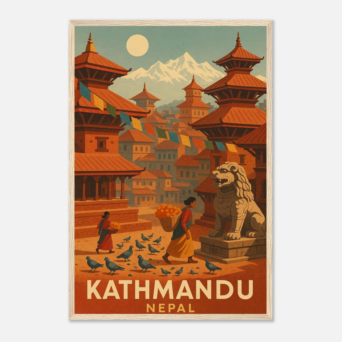 Kathmandu Temple Square Snowy Peaks Prayer Flags Travel Poster